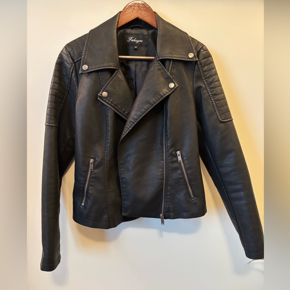 Classic Black Faux Leather Moto Jacket with Quilted Shoulders